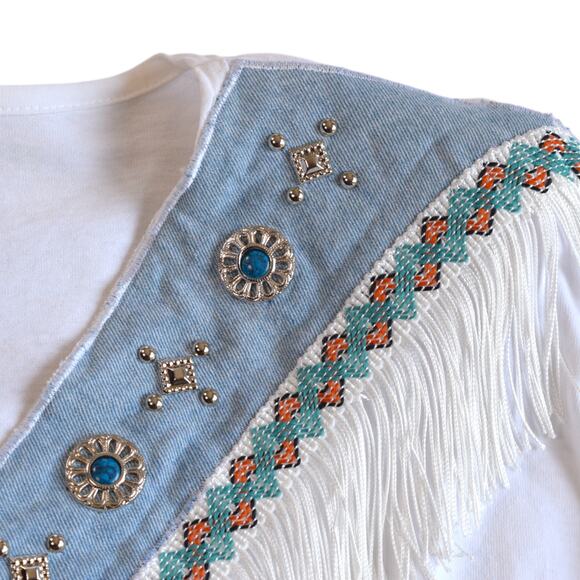 Vintage 80s Boho Southwestern Fringe Navajo Boxy Top - One Size Fits Most - Picture 5 of 7
